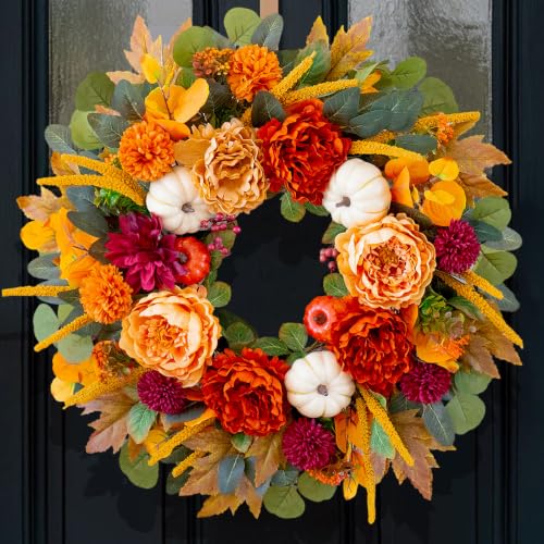 Image of 24 Inch Fall Wreaths for Front Door with Orange Peony and Burgundy Dahlias