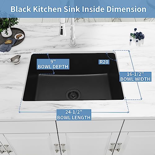 Image of Black Kitchen Sink, Matte Black Granite Composite Kitchen Sink, 27 Inch Undermount Quartz Stone Kitchen Sinks, 27 inch x 18 inch x 9 inch Single Bowl Kitchen Sinks With Accessories