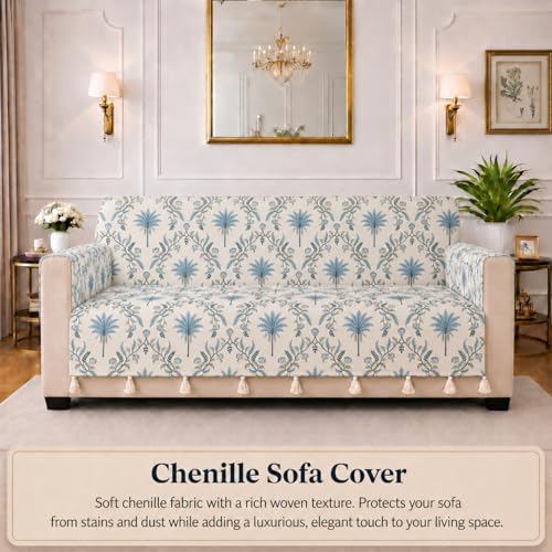 Image of STITCHNEST 'Eden Weaves Collection Series' 2 Seater Sofa Cover | Full Coverage with Armrest Pockets | Elegant Woven Fabric, Decorative Tassels, Washable & Durable for Modern Living