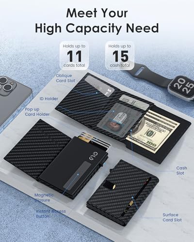 RFID Wallet for Men - Smart Pop up Card Holder - Trifold, Slim, Minimalist Wallet for Front Pocket, 9-11 Cards Capacity | ID Window | Cash Slot | Magnetic Closure2