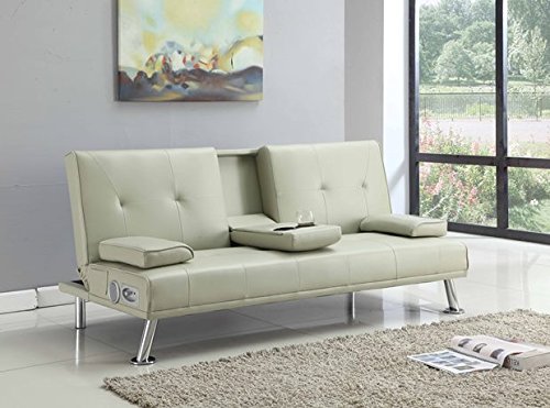 Bluetooth Cinema Sofa Bed with Drink Cup Holder Table Cream Faux Leather