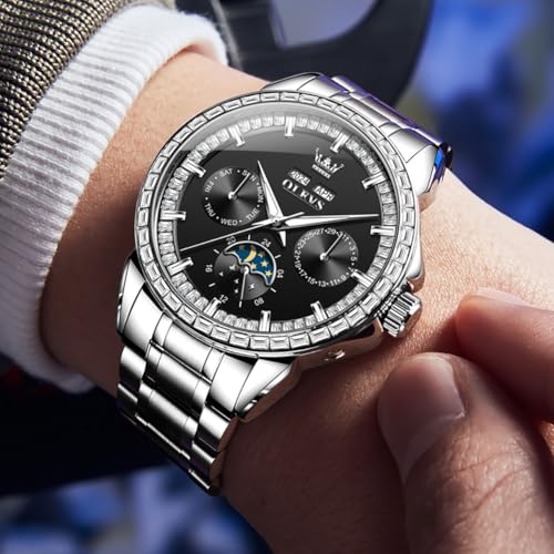 Image of OLEVS Automatic Men Watch Self Winding Mechanical Luxury Dress Moon Phase Stainless Steel Waterproof Luminous Calendar Wrist Watch