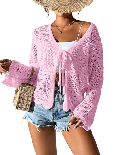 Image of Womens Tie Front Lightweight Crochet Cardigan Shrugs Knit Cardigan Crop Tops Cover Up