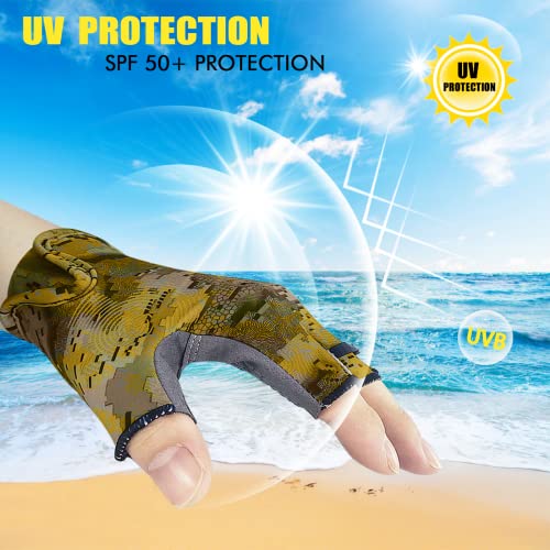 Riverruns Design Fishing Gloves Shortened Wrist Upf50+ Sun Gloves Fingerless Lightweight Breathable Hiking Driving Kayaking Paddling(Camokhaki,L) #TOP2
