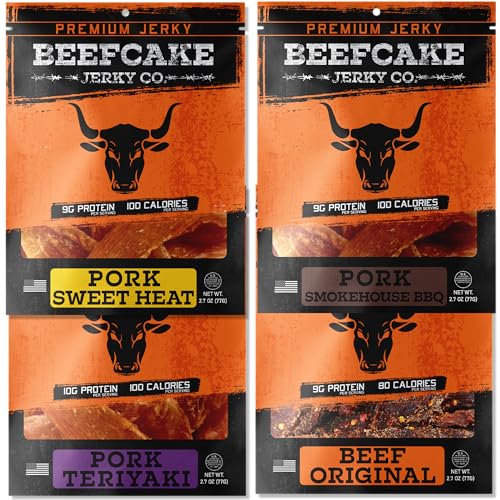 BEEFCAKE Jerky Best Sellers Collection, Includes Beef Jerky Sweet Heat, Teriyaki, Original & Smokehouse, 9 Gram of Protein & 100 Calories 2.7 Oz | Pack of 4