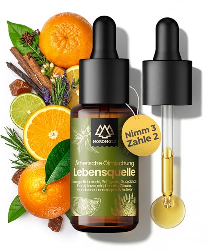 NORDHOLZ® Ätherische Ölmischung „Lebensquelle“ 15ml [100% naturrein] Belebend & ausgleichend - Ätherisches Öl in Pharmaqualität aus naturreinen Ölen - Für Diffusor, Sauna & Aromatherapie