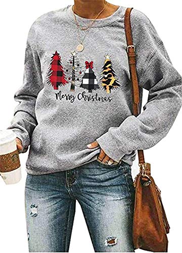 Image of ASTANFY Merry Christmas Sweatshirt for Women Plaid Holiday Long Sleeve Tree Pullover Lightweight Shirt