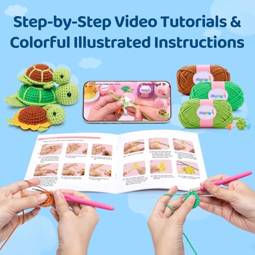 Image of Mewaii Beginner Crochet Kit with 40% Extra Yarn, Pre-Started Yarn & Video Tutorials - 3 Sea Turtles Craft Set for Adults & Kids