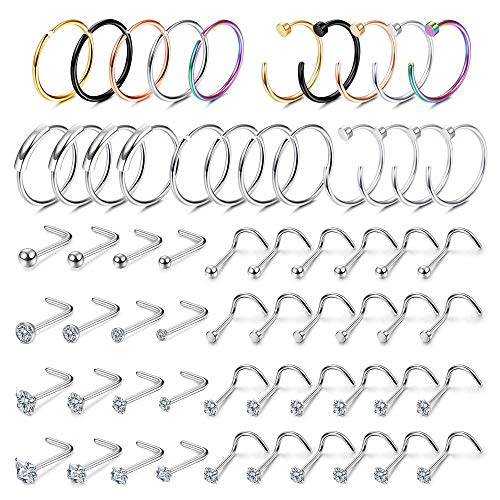 FIBO STEEL 62 Pcs 20G Stainless Steel Hoop Nose Rings for Women Men Screw Stud Rings Piercing Jewelry Colored CZ Inlaid