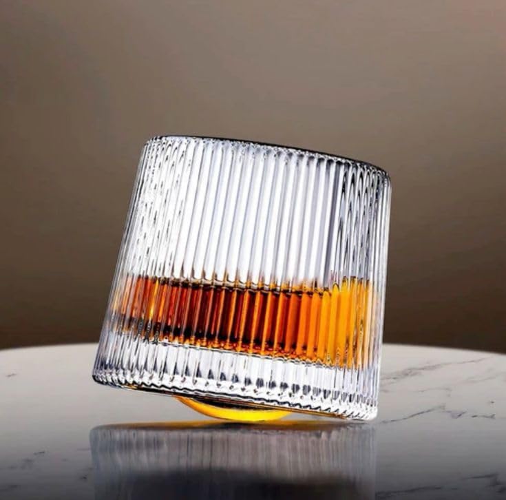 Image of 360 Rotating Whiskey Glass - Set of 4, 170ml, Spinning Crystal Tumbler for Whiskey, Bourbon, Scotch & Cocktails - Elegant Barware Gift (4, Rotating Line)