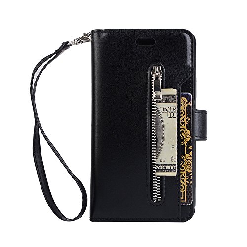 iPhone 7 Plus Wallet Case, iPhone 8 Plus,Premium PU Leather Handbag Case with Hand Strap, with Credit Card Holders Cover,Wallet Case for Girls Women Men, Retro Vintage Cover Case - Black