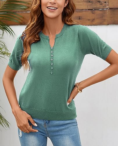 Image of Women Summer Knit Shirt Blouse V Neck Short Sleeve Pullover Sweater Tops