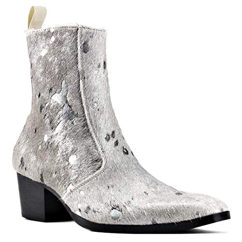 Image of OSSTONE Men Chelsea Ankle Boots Leather Pony Hair Leopard Boot with Side Zipper Heel Boots JY012