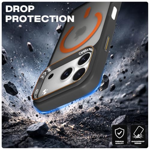 Image of Pikkme Back Cover for iPhone 17 Pro Max | Shockproof | Mag-Safe Compatible | Hard Transparent Back | Premium Raised Camera Protection | Bumper Case (Black & Orange Mag-Safe)