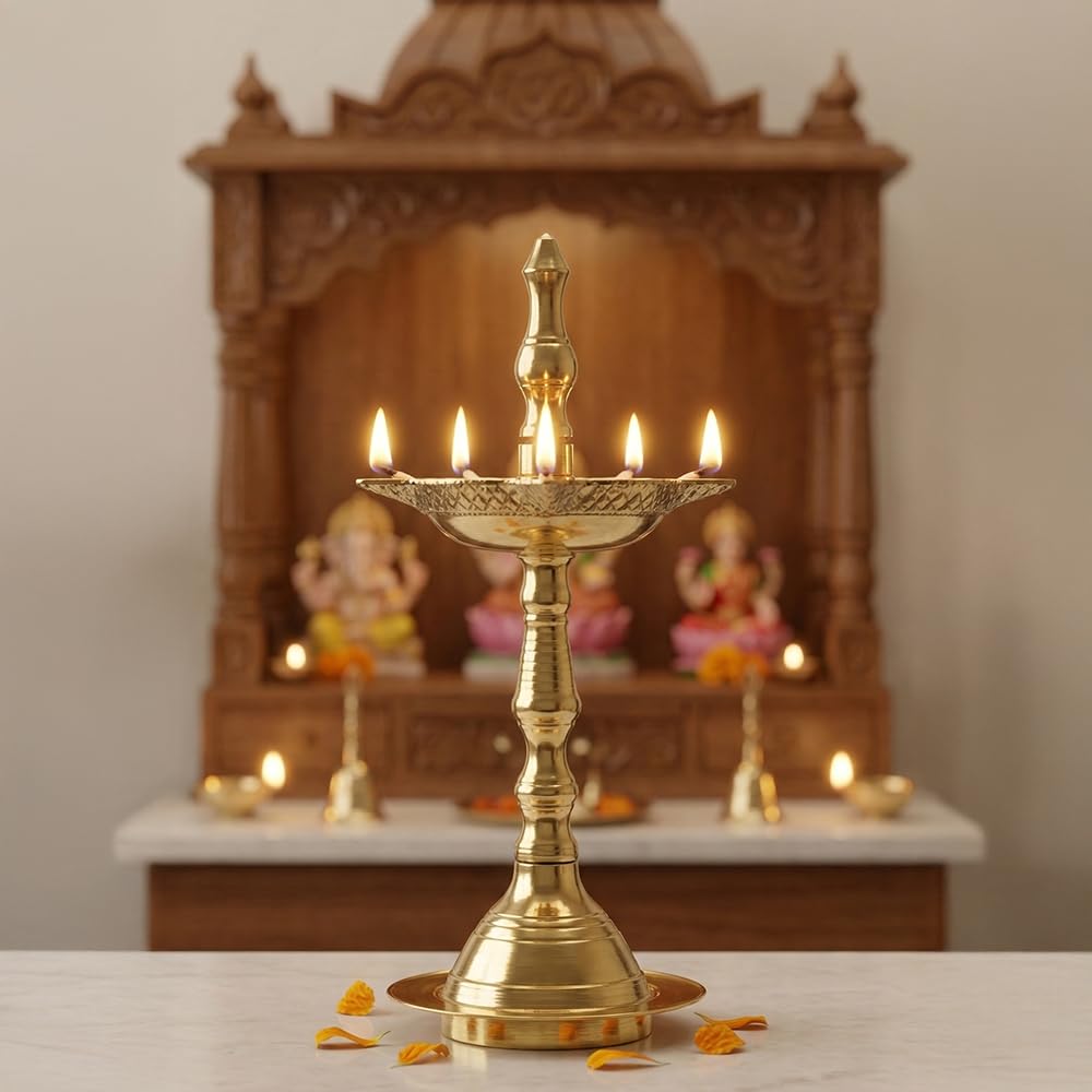 Shubhkart Nitya Kerala Samai Diya | Size 1 Brass Oil Lamp for Pooja | Traditional Deepak for Mandir | Diwali Decoration | Festival Ghee/Oil Diya | 5.19 Inch | 108g | Pooja Worship 2
