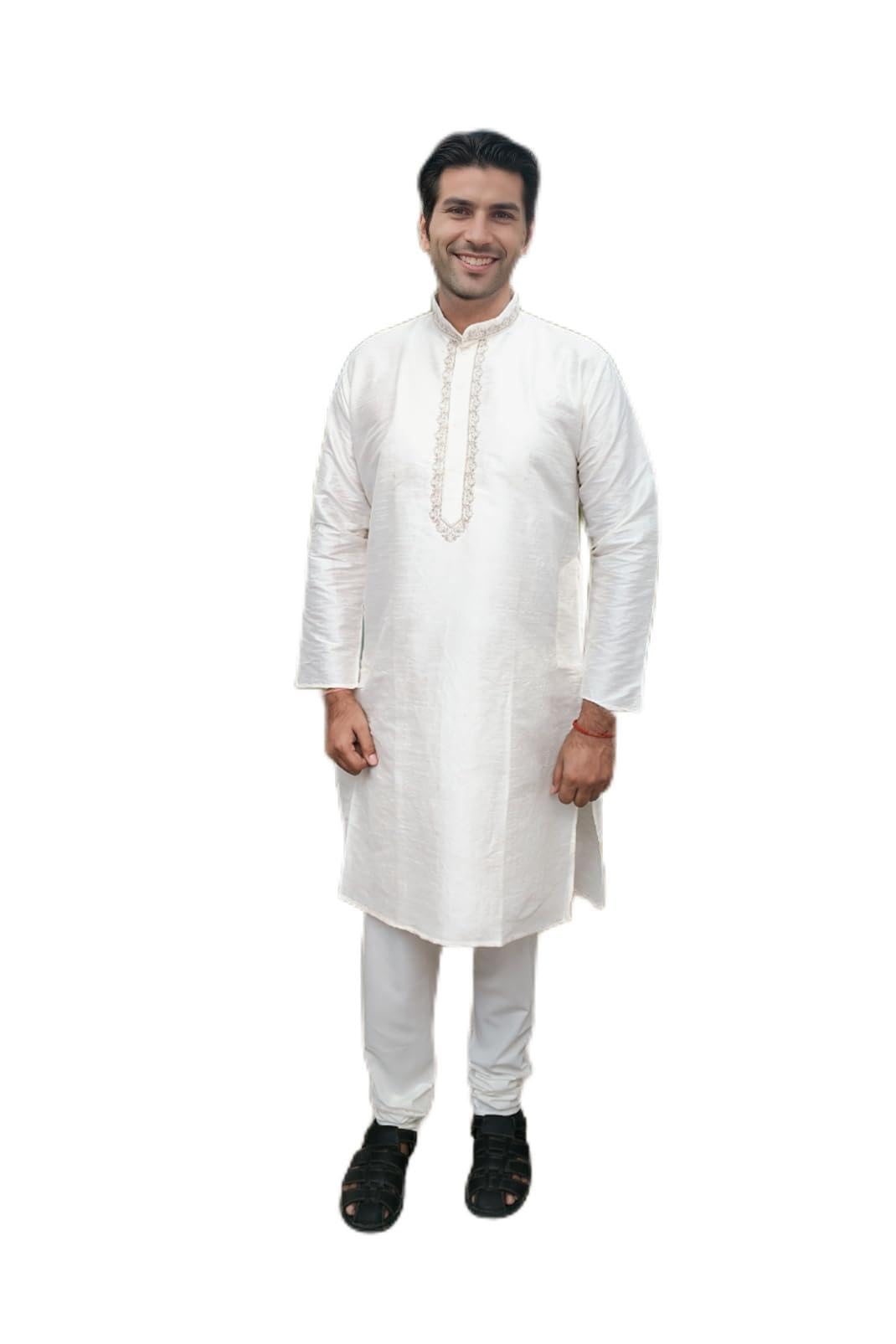 Gifts Men's Pure Silk Off White Kurta & Off-White Churidar Pyjama Set (ks.)-image-0