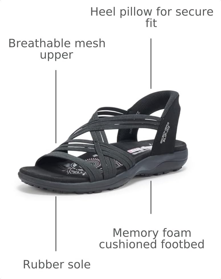 Image of Skechers Women's REGGAE SLIM - SIMPLY STRETCHY! Hands Free Slip-Ins, Open toe strappy sandal,Black /Black, 8M