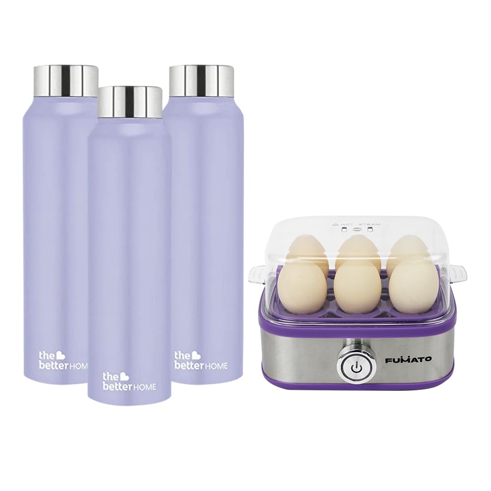 The Better Home FUMATO Eggwhiz Electric Egg Boiler 210W 6 Egg Boiler, Purple & Stainless Steel Water Bottle 1 Litre Pack of 3 Purple-picture-21