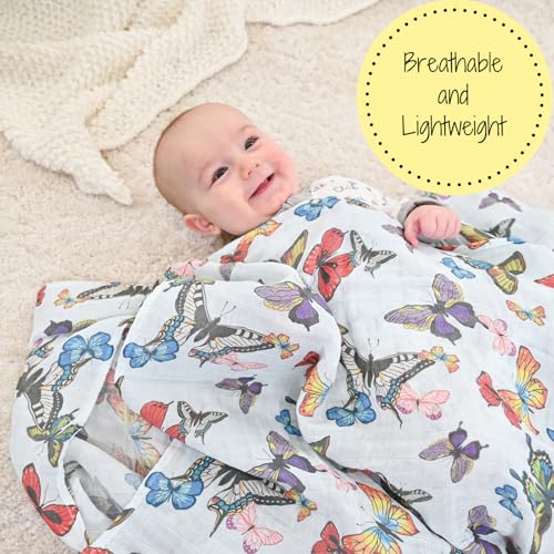 Image of LollyBanks Baby Blanket for Girls, Large 47 x 47 Inches Soft Muslin Swaddle Blankets, 100% Cotton Breathable and Lightweight Baby Receiving Blankets, Registry (Butterfly Print)