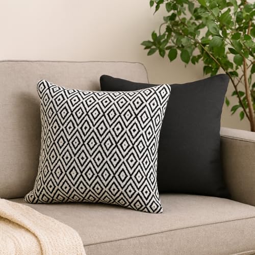 Image of 16x16 Inch Reversible Pack of 2 Black Cotton Argyle Woven Throw Pillow Covers for Couch Sofa Bed Home Decoration Restaurant | Size 40 x 40 cm