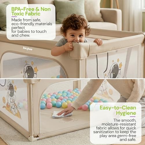 Image of Baybee 120 x 120 CM Kids Playpen for Babies with Colourful Balls | Baby Play Area Indoor Setup with Zipper Door & Toys Pouch | Kids Activity Play Gate Fence with Corner Protection | Outdoor play pen for baby for 0 - 5 years Boys Girls (Beige)