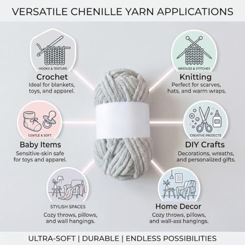 Image of Soft Chenille Yarn 100 gm Soft Velvet Wool Oon for Crochet Knitting DIY Craft Multipurpose Yarn Ball for Blanket Scarf Cushion Making (Purple) (Grey)