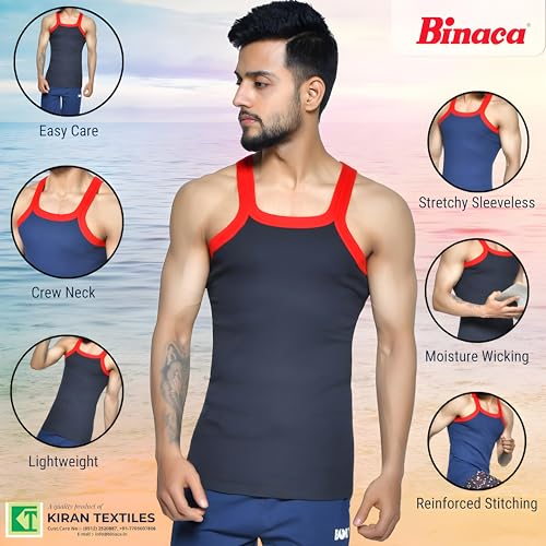Image of Binaca Premium Men's Ribbed Vest, Pack of 3 & 5 Sleeveless Cotton Gym and Sports Vests for Men - Versatile Inner Vest and Sando Baniyan