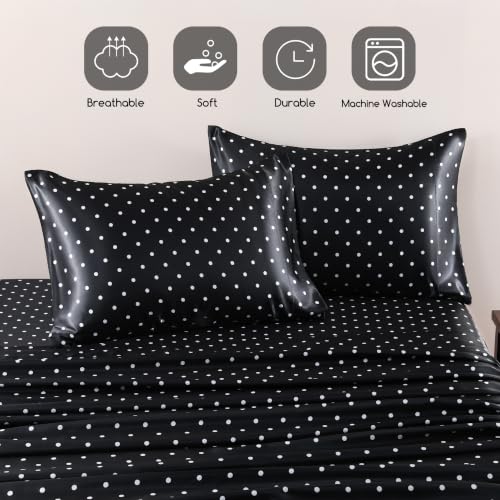 Image of MR&HM Satin Bed Sheets with Elastic Corner Straps, Queen Size Sheets Set, 4 Pcs Silky Bedding Set with 15 Inches Deep Pocket for Mattress (Queen, Polka Dot Black)