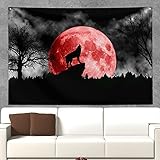 Wolf Tapestry,Animal Print Scary Red Moon Night Wolf Howl in Misty Forest Black and White Tapestry...