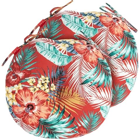 IN4 Care Outdoor Bistro Chair Cushion Set of 2, Waterproof Tufted Round Seat Cushion with Ties, 15"x15"x4" Patio Furniture Chair Pads for Home Garden Balcony Office-Chili Red Floral Cover