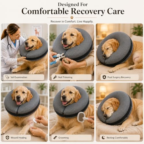 Image of MIDOG Inflatable Dog Cone, Soft Donut Recovery Collar Alternative After Surgery to Help Prevent Licking, Comfy E Collar with Neck Pillow Design, Grey, L