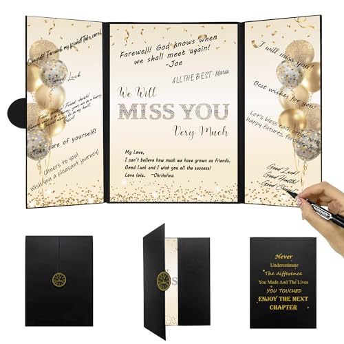 Image of DARUNAXY Black Gold Farewell Party Decorations, We Will Miss You Very Much Alternative Signature Guest Book for Men Women Going Away Gifts Signing Card Board for Retirement Graduation Party Supplies