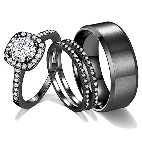 AHLOE JEWELRY 2Ct 18k Black Gold Wedding Ring Sets for Women and Men Hers His Titanium Bands Stainless Steel Couple Rings Cz Size 10&7