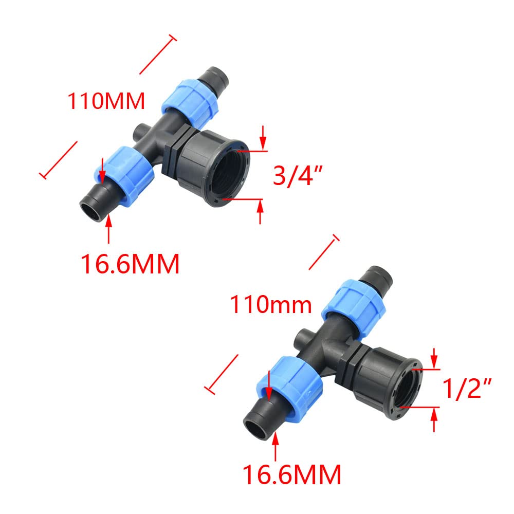 20 Piezas 16mm Cinta de Goteo en T Divisor de Agua Conector de Manguera de 2 vías con Rosca Hembra 1/2 3/4 Accesorios de riego por Goteo de Invernadero(1I2)