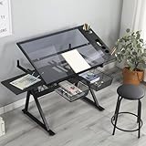 Ziraukon Craft Table with Drawers and Stool, Height Adjustable Drawing Desk Glass Tabletop Diamond Paintings Work Station Tiltable Craft Desk for Drawing Sketching Reading Painting Home Office, Black
