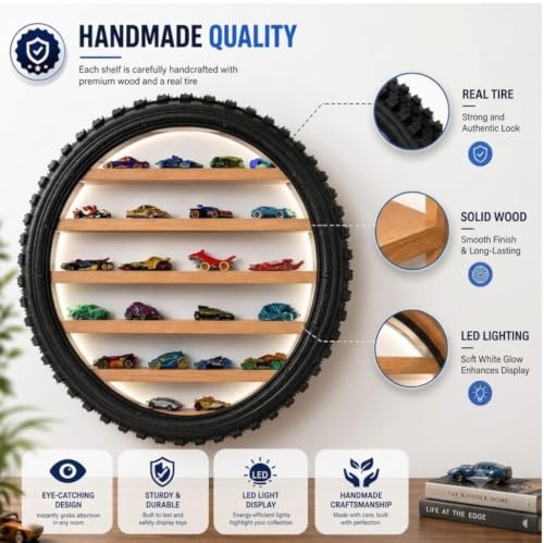 Image of Wooden Wall Shelf Display Rack for 1:64 Scale Die-Cast Cars with LED Light | Rugged Tyre Frame Storage Organizer for Hot Wheels Collection | Decorative Home & Room Decor (24 x 4 Inch (White)