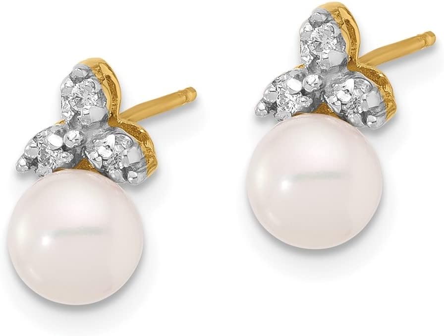 Diamond2Deal 14k Yellow Gold 5-6mm Round White Fresh Water Cultured Pearl and .06 cttw Diamond Stud Earrings (L- 0.44 in, W- 0.24 in)