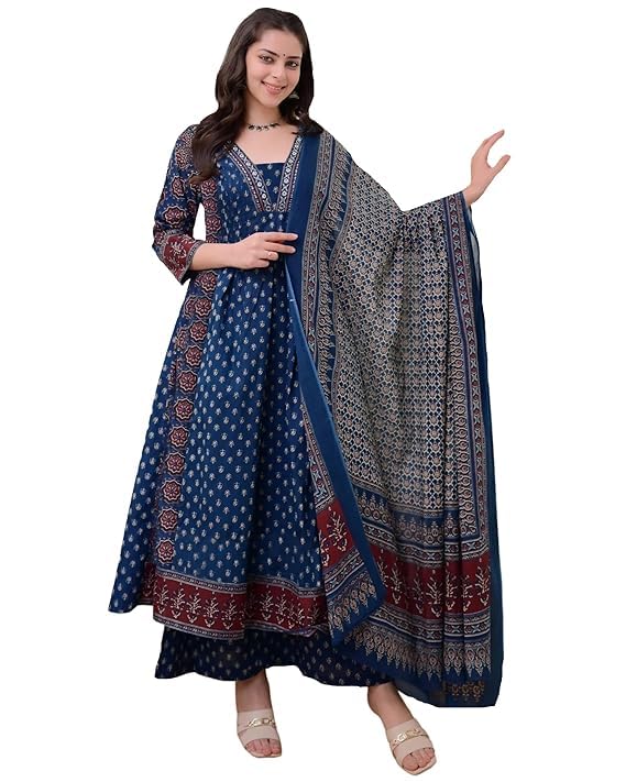 Image of ANNI Designer Women's Pure Cotton Anarkali Kurta Set for Women with Dupatta & Plazzo - Hand Block Print Suit Set | Stylish Dress | Cotton Kurta Set for Women