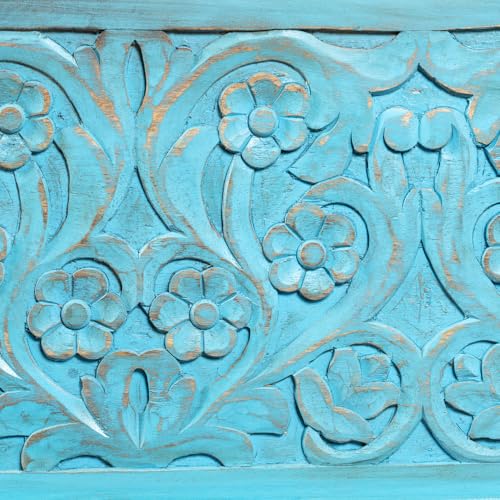 Image of Teba Wooden Trunk Box for Storage | Solid Wood Coffee Table for Living Room | Center Coffee Table with Storage | Front Wooden Carved Sandook Pitara for Home Decor & Bedroom (Blue Distress)