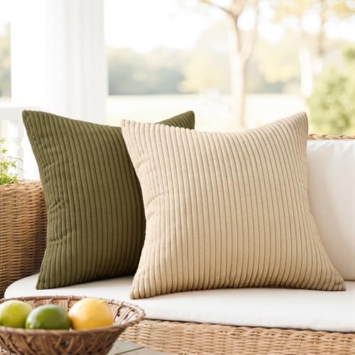 Image of Topfinel 20x20 Sofa Pillow Covers Rust and Olive Green Velvet Throw Pillow Covers Boho Farmhouse Cushion Cases Soft Corduroy Fall Home Decor for Couch Bed Sofa Living Room Pack of 4