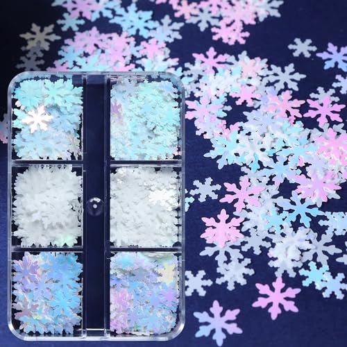 Christmas Nail Glitter Sequins - 6 Grids Snowflake Designs Nail Art Accessories, White Laser Powder Decorations and Decals