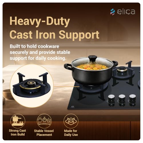 Image of Elica 60 cm 3 Burner Auto Ignition Hob | RG FLEXI DFS AB 3B 60 DX | 8 mm Toughened Glass, Direct Vertical Flame Brass Burners, Fully Sealed Burner Design, 2 Year Comprehensive Warranty