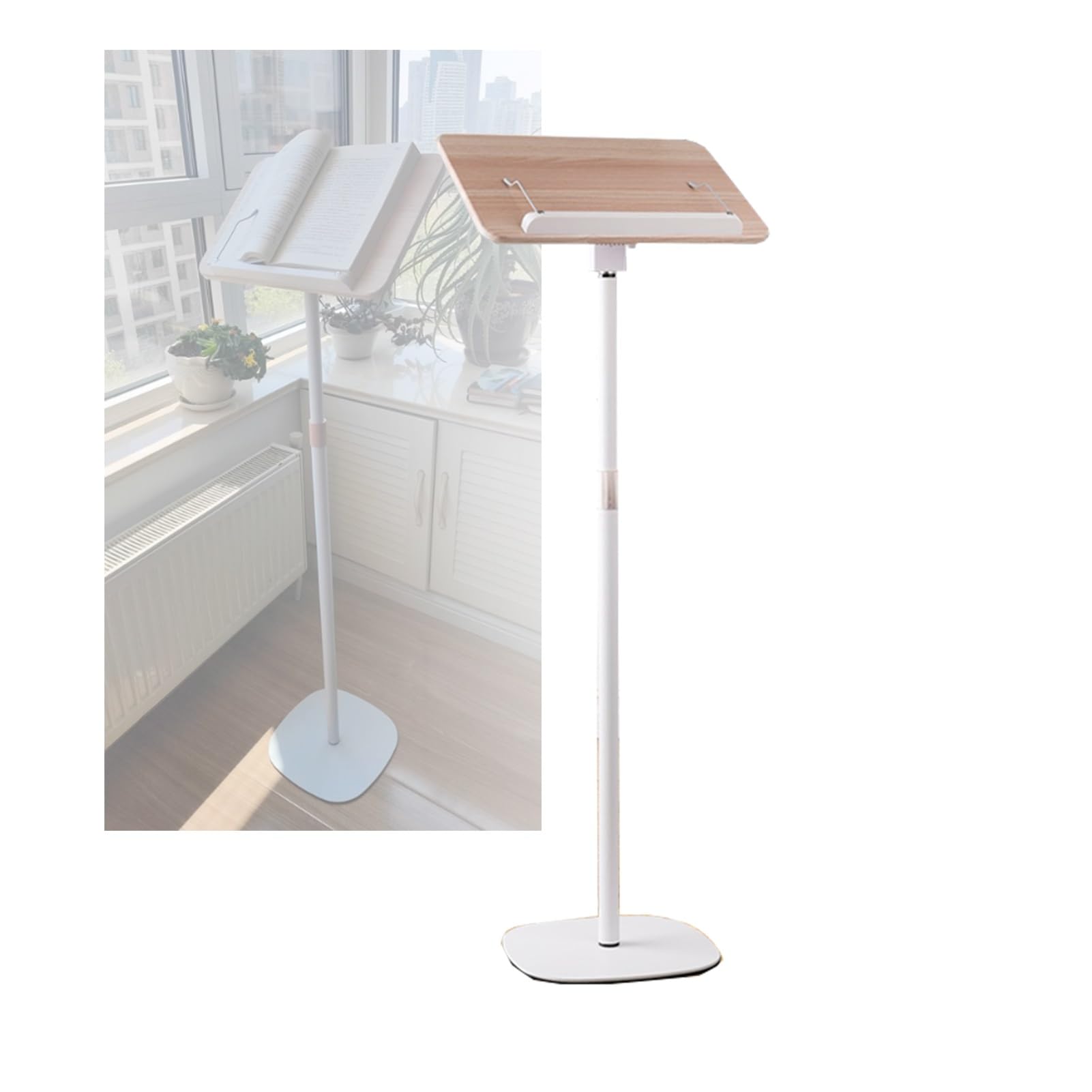 Genérico Soporte de Suelo Ajustable para Atril de Lectura - Panel de 39x26 cm para Libros de Texto, partituras y Recetas - Altura Ajustable de 50 a 130 cm, Color Blanco.