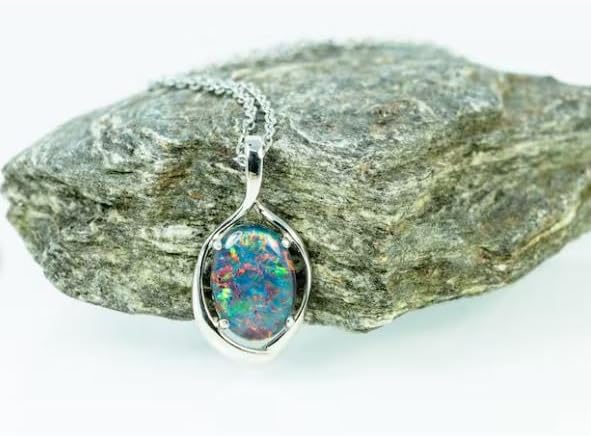 Fire Opal Gemstone Necklace - Genuine Australian Black Opal Necklace Pendant in 925 Sterling Silver Teardrop Necklace