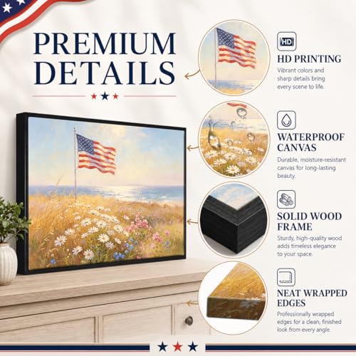 Image of American Flag Framed Canvas Wall Art, 4th of July Floral Canvas Prints, Wildflower Landscape Patriotic Decorations, Vintage Rustic Independence Day Wall Decor for Bedroom Living Room Office 11x14