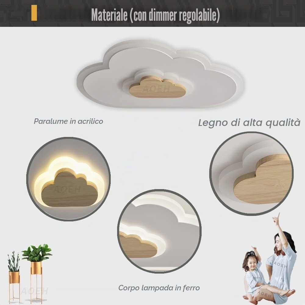 Plafoniera a LED lampada da soffitto creativo nuvole,con telecomando dimmerabile legno lampadario bambini 20W bianche moderne Plafoniera per soggiorno camera da letto camera dei bambini,40cm