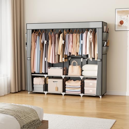 VTRIN Portable Closet for Hanging Clothes 67 Inch Wide Large Capacity Portable Wardrobe Closet with Cover, 4 Storage Shelves and 4 Hanging Rod Sturdy Free Standing Closet for Bedroom, Grey by VTRIN - Image 2