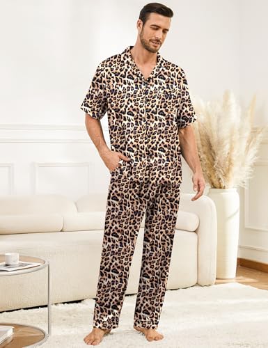 SWOMOG Mens Silk Pajamas Set Satin Pj Set Short Sleeve Sleepwear Button Down Lounge Set with Drawstring & Pockets S-3XL4