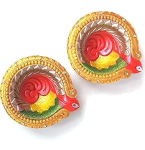 Peacock Style Handmade Earthen Decorative Clay Diya/Deepam/Kundhulu/Mitti Diya for Navaratri/Dussera,Diwali Celebration and for All Celebration Purpose(Set of 2,4 and 6) (2, Clay Diya)