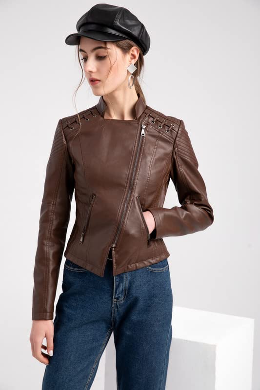 Shanghai Story Women's String Quilted Shoulder Oblique Zip Moto Pu Leather Biker Jacket 12 Color3